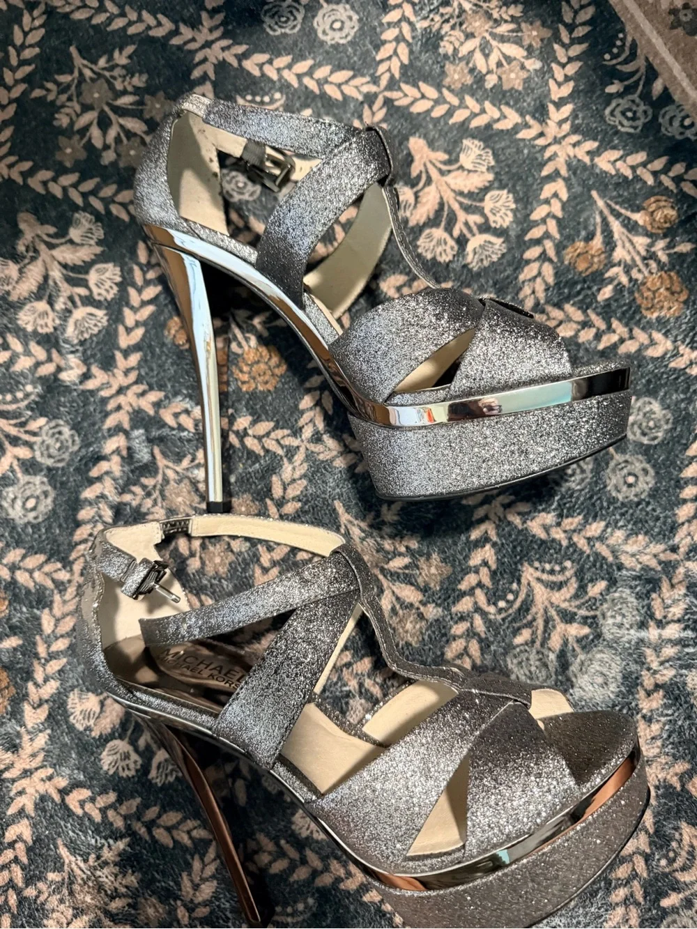 Michael Kors Silver Glitter Platform Strappy Heels
